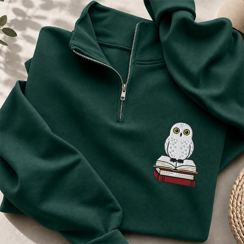 Embroidered Snow Owl On Bookstack Classic Quarter Zip Sweatshirt