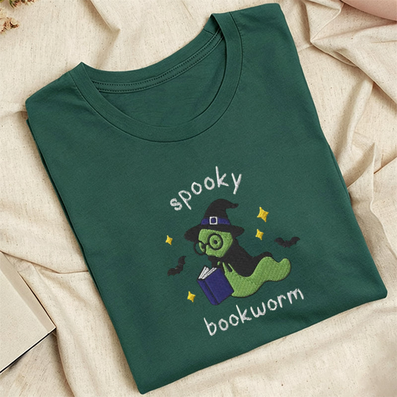 Embroidered Spooky Bookworm Classic Adult Unisex Crew Neck T-Shirt