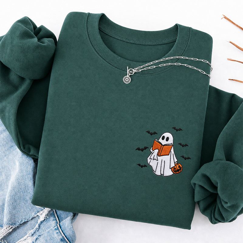 Embroidered Halloween Reading Ghost Classic Crewneck Sweatshirt