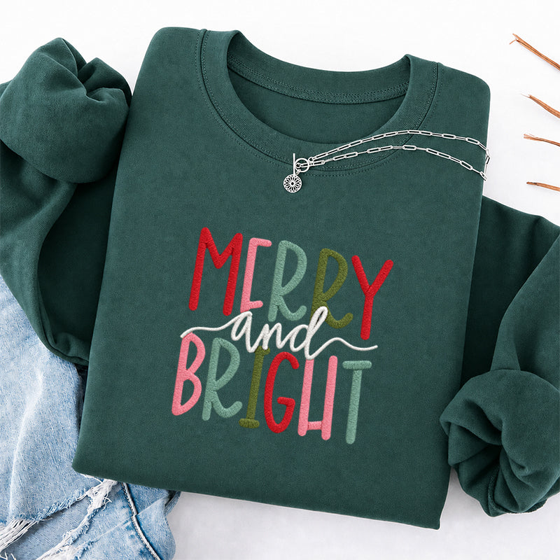 Embroidered Merry And Bright Christmas Classic Crewneck Sweatshirt