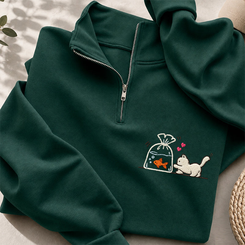Embroidered Kitten Goldfish Classic Quarter Zip Sweatshirt