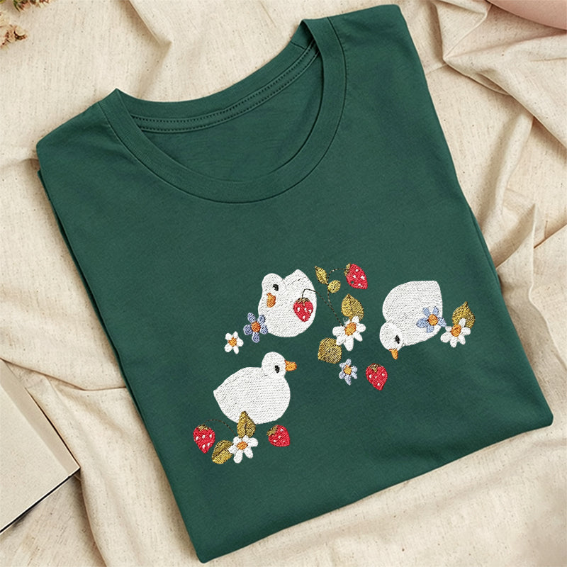 Embroidered Strawberry Duck Classic Adult Unisex Crew Neck T-Shirt
