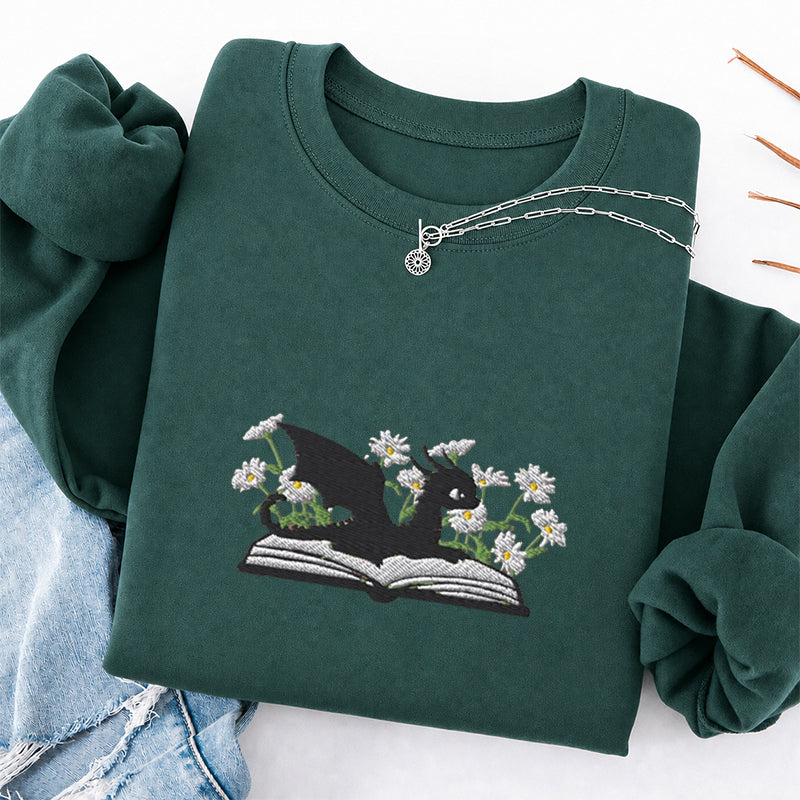 Embroidered Floral Dragon Book Classic Crewneck Sweatshirt