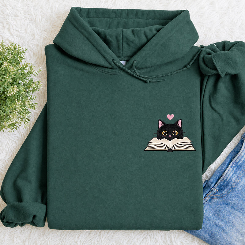 Embroidered Reading Black Cat Classic Adult Unisex Hoodie