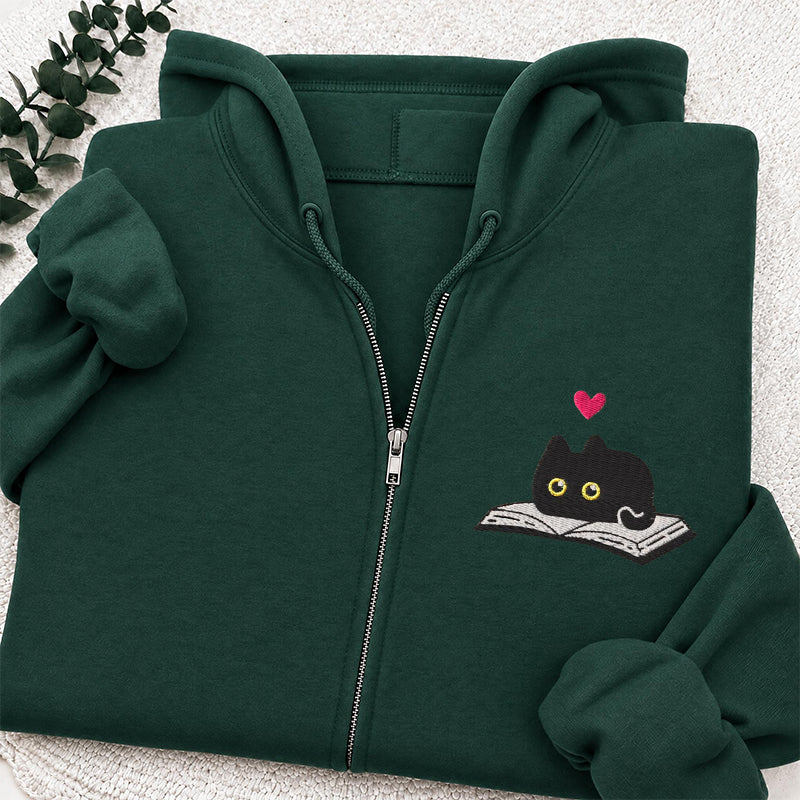 Embroidered Black Cat and Book Classic Adult Unisex Full Zip Hoodie