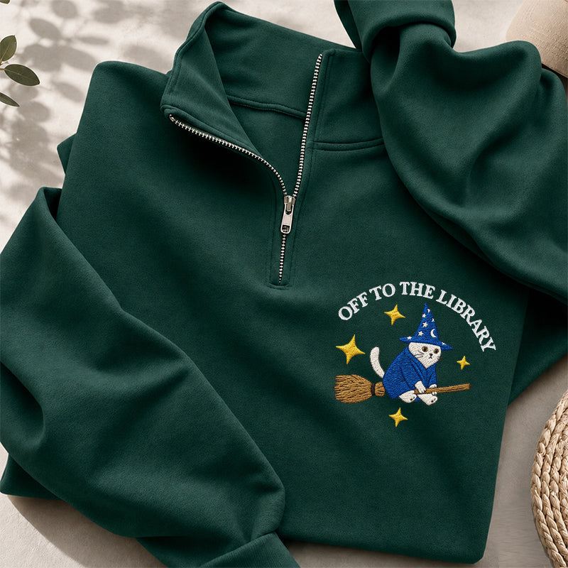 Embroidered Cat Off To The Library Classic Quarter Zip Sweatshirt
