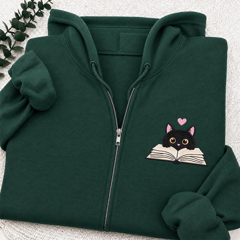 Embroidered Reading Black Cat Classic Adult Unisex Full Zip Hoodie