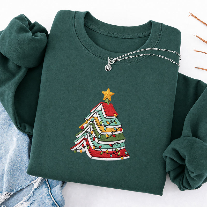 Embroidered Book Christmas Tree Classic Crewneck Sweatshirt