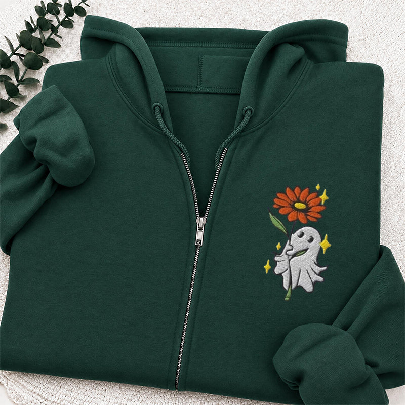 Embroidered Ghost Holding a Flower Classic Adult Unisex Full Zip Hoodie