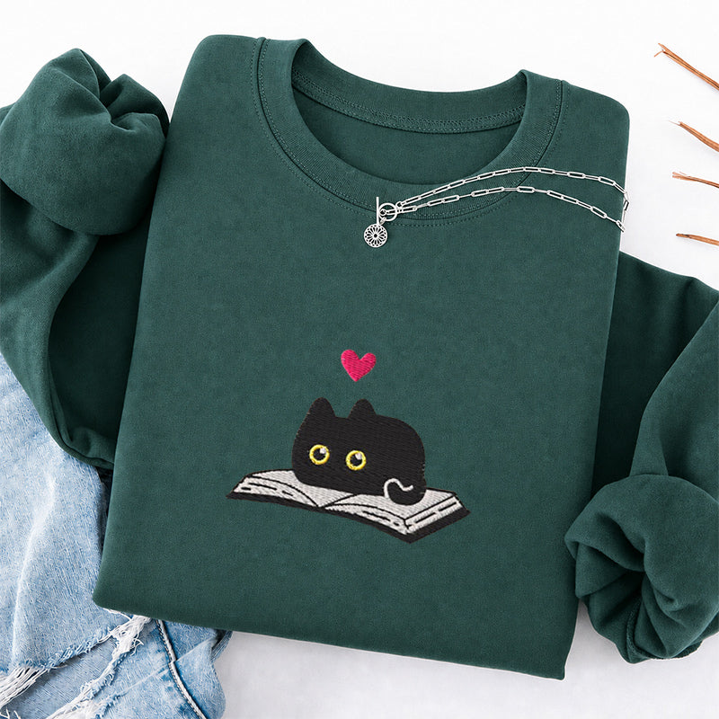 Embroidered Black Cat And Book Classic Crewneck Sweatshirt