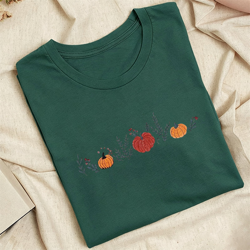 Embroidered Fall Enchanted Pumpkins Classic Adult Unisex Crew Neck T-Shirt