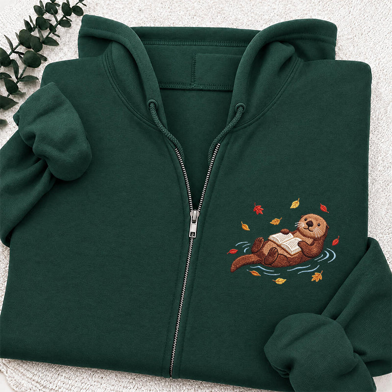 Embroidered Otter Reading Book Classic Full Zip Hoodie