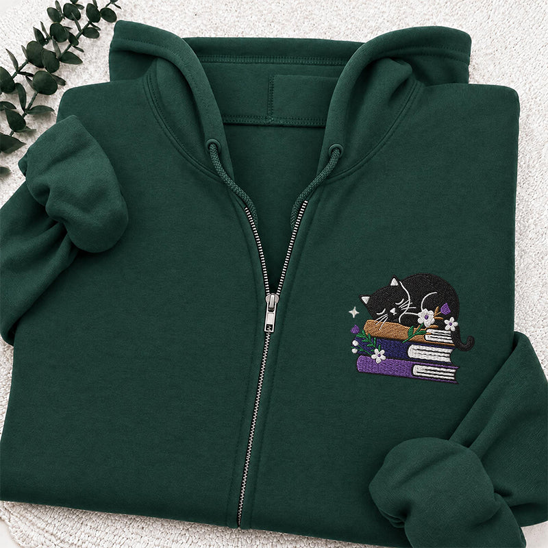 Embroidered Cat Book Classic Full Zip Hoodie