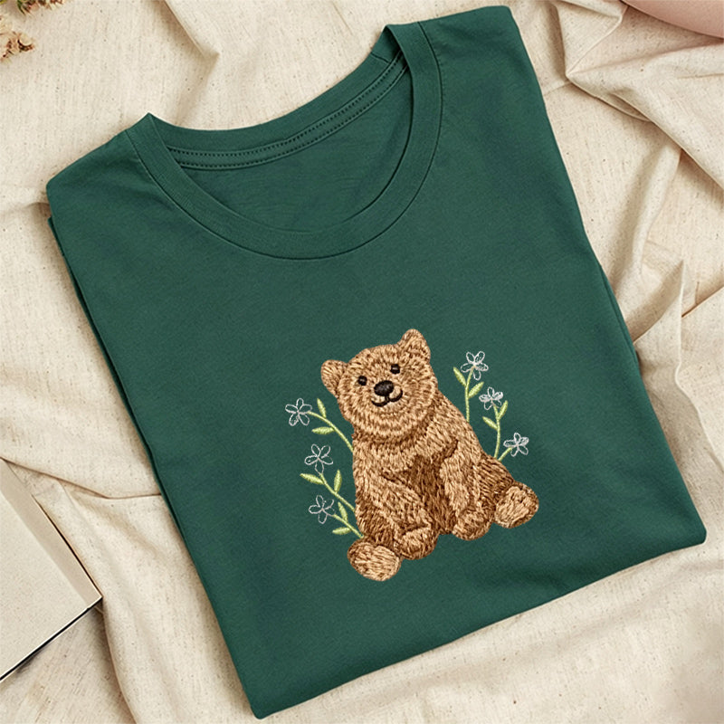 Embroidered Floral Bear Classic Adult Unisex Crew Neck T-Shirt
