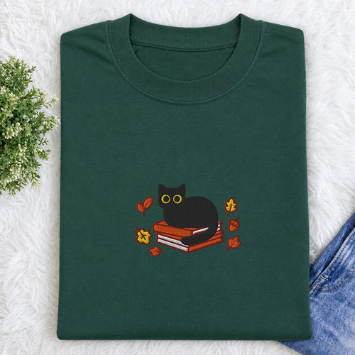 Embroidered Autumn Black Cat Book Classic Crew Neck T-Shirt
