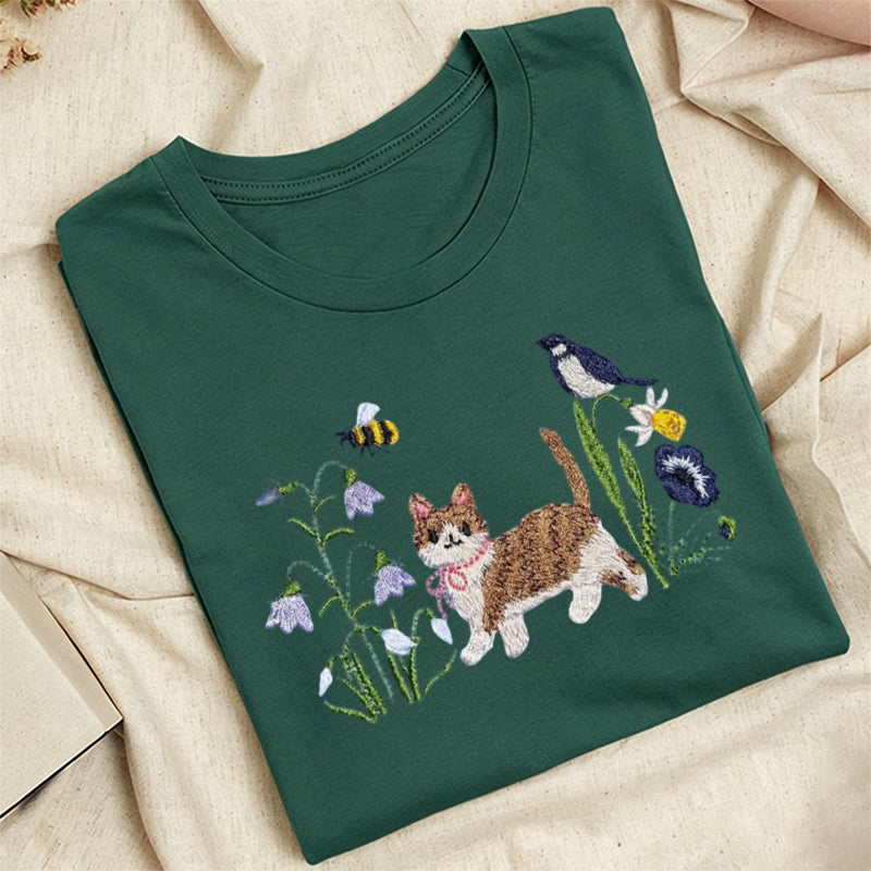 Embroidered Cat Wildflower Classic Adult Unisex Crew Neck T-Shirt