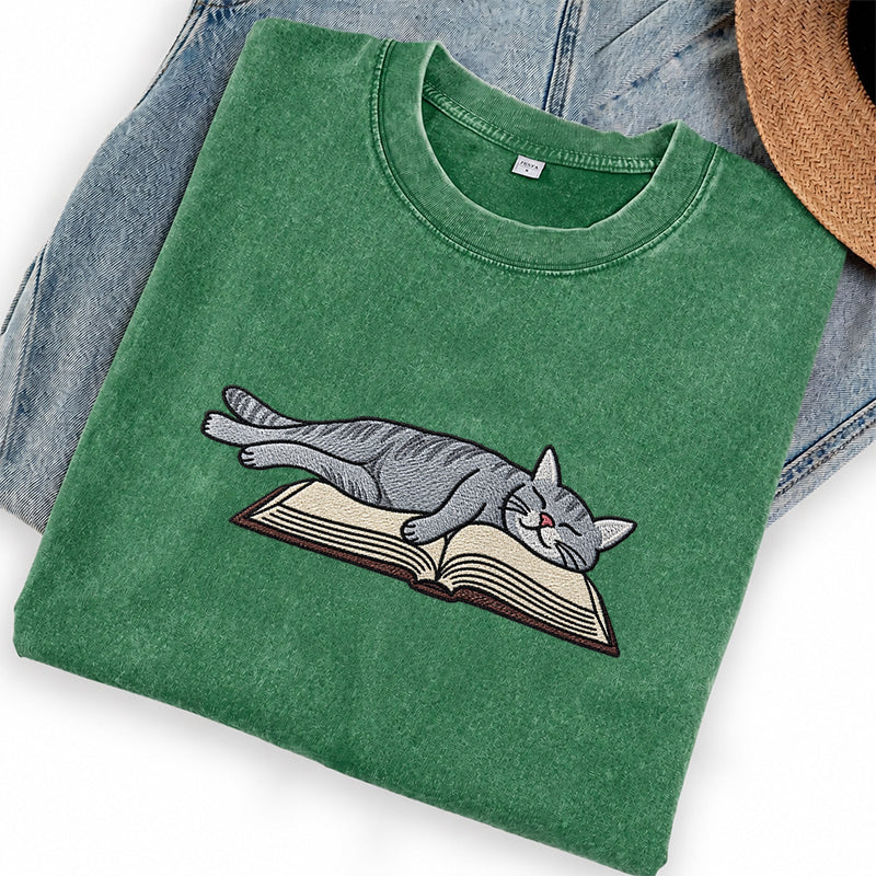 Embroidered Cat Sleeping On Book Washed Crew Neck T-Shirt
