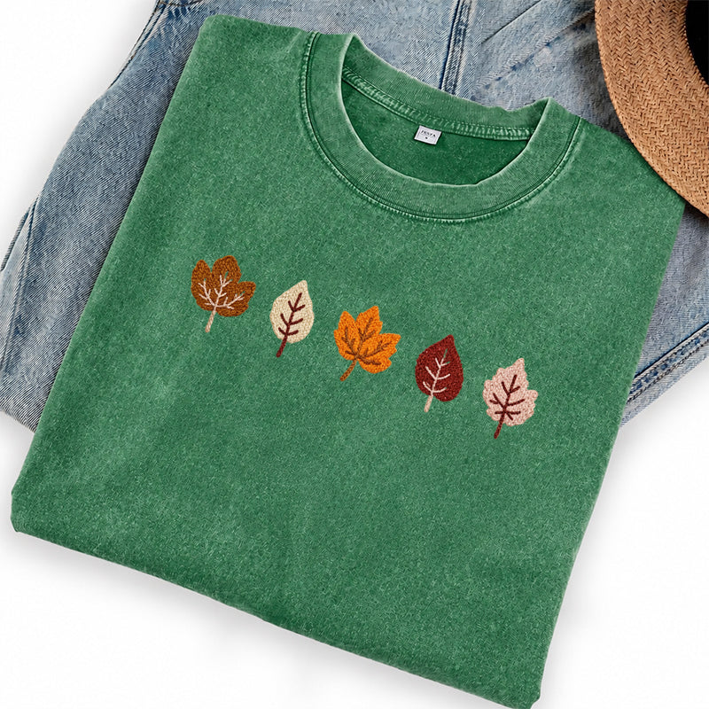 Embroidered Fall Leaves Washed Crew Neck T-Shirt