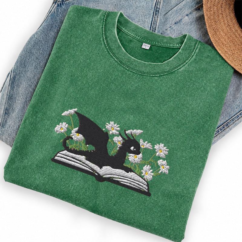 Embroidered Floral Dragon Book Washed Crew Neck T-Shirt