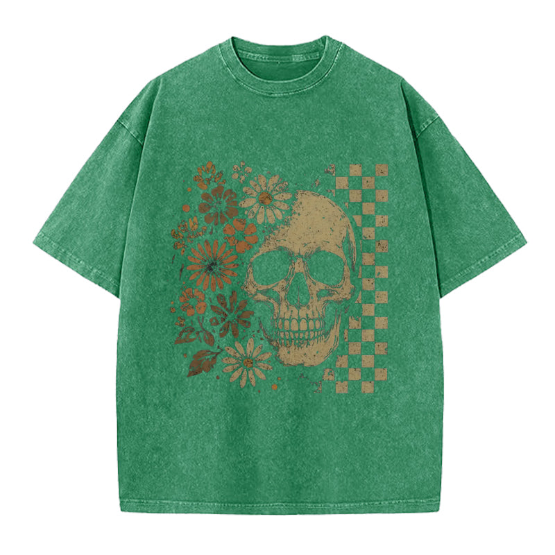 Vinatge Floral Skull Checkboard Washed Crew Neck T-Shirt