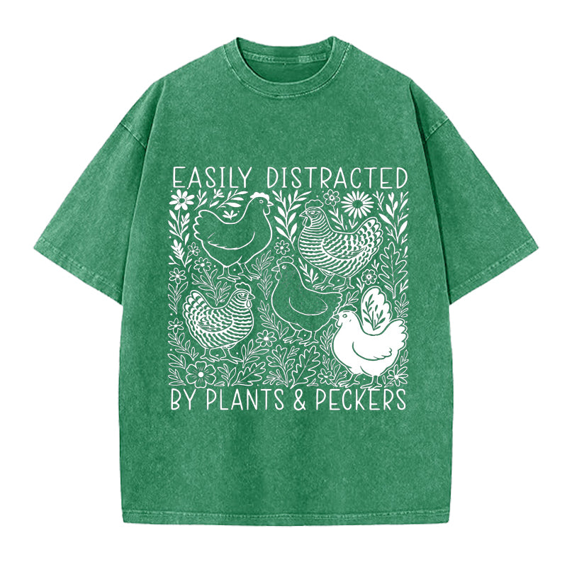 Easily Distracted By Plants and Peckers Washed Crew Neck T-Shirt