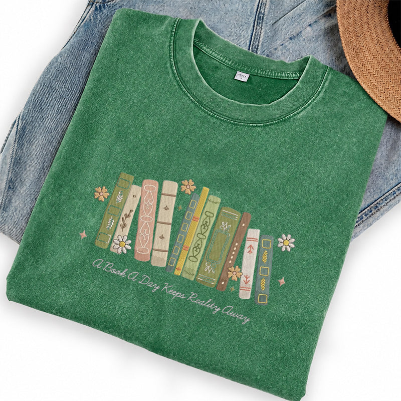 Embroidered A Book A Day Washed Crew Neck T-Shirt