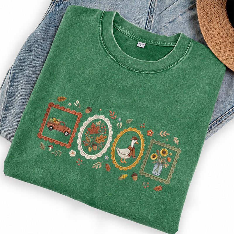 Embroidered Autumn Postcards Washed Crew Neck T-Shirt