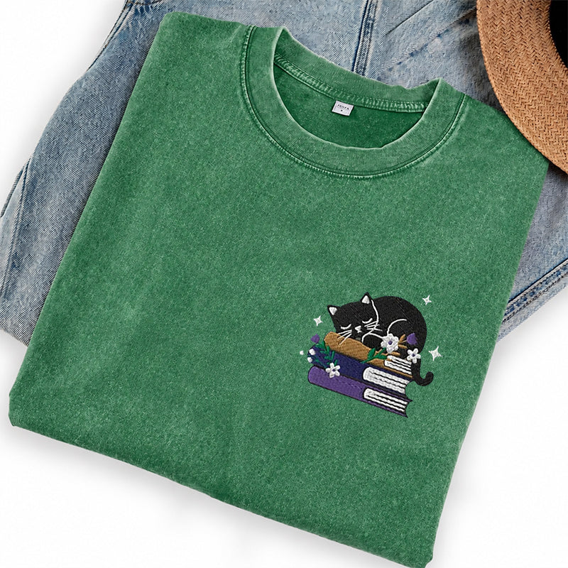 Embroidered Black Cat Floral Book Washed Crew Neck T-Shirt
