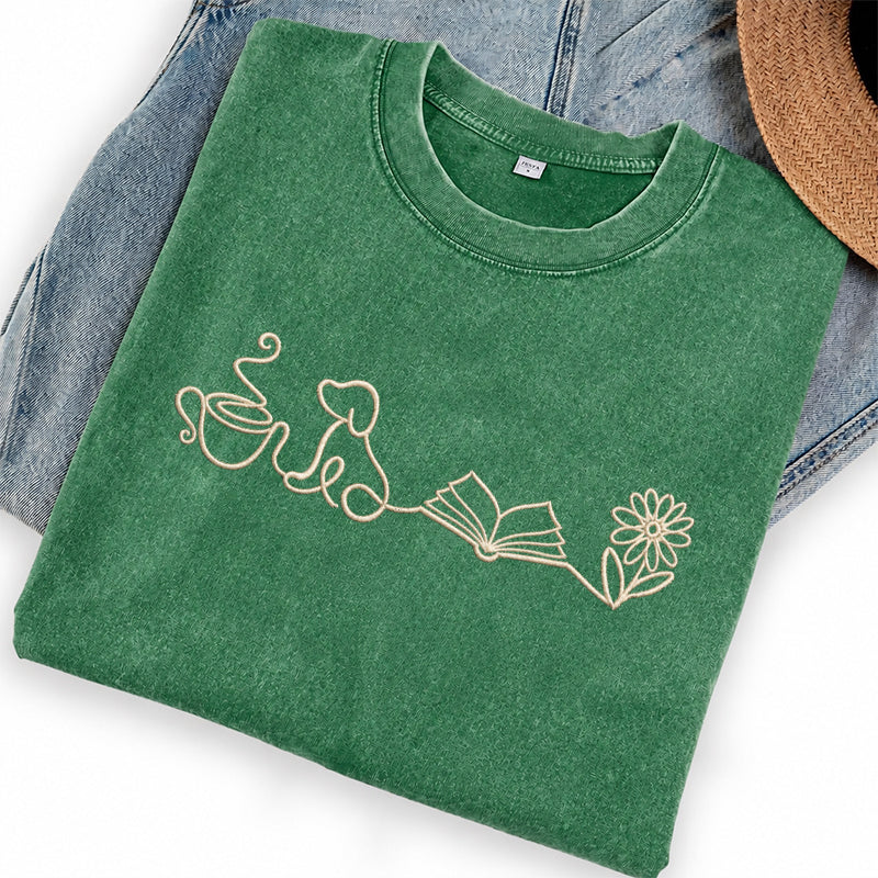 Embroidered Coffee Dog Book Flowers Washed Crew Neck T-Shirt