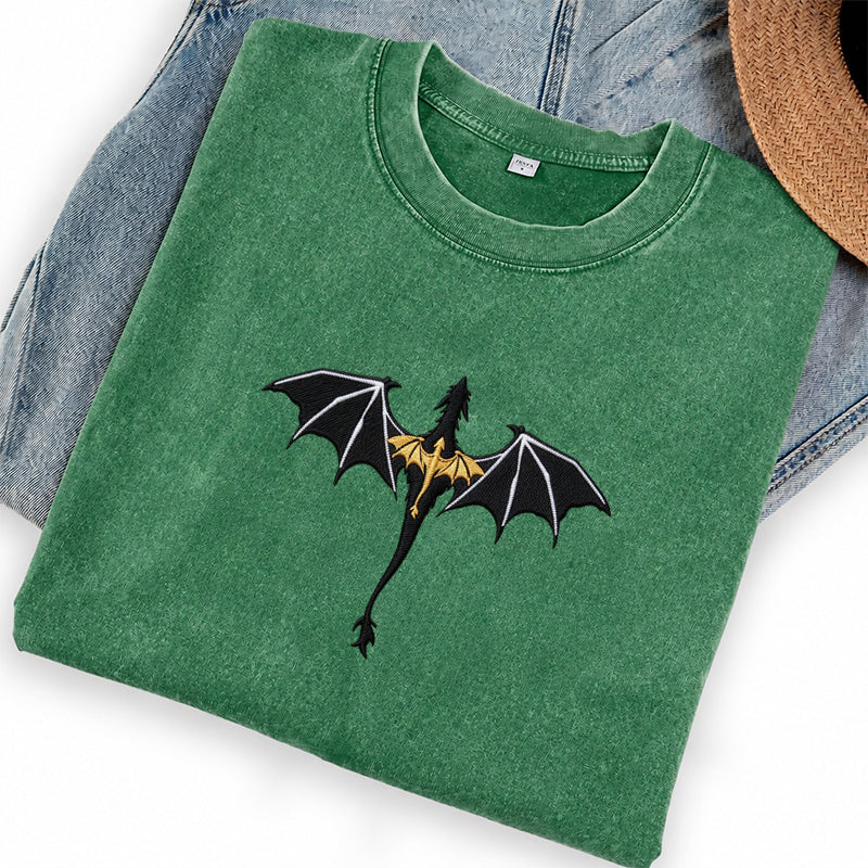Embroidered Fantasy Book Dragon Washed Crew Neck T-Shirt