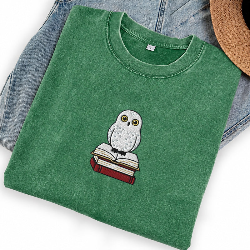 Embroidered Snow Owl On Bookstack Washed Crew Neck T-Shirt