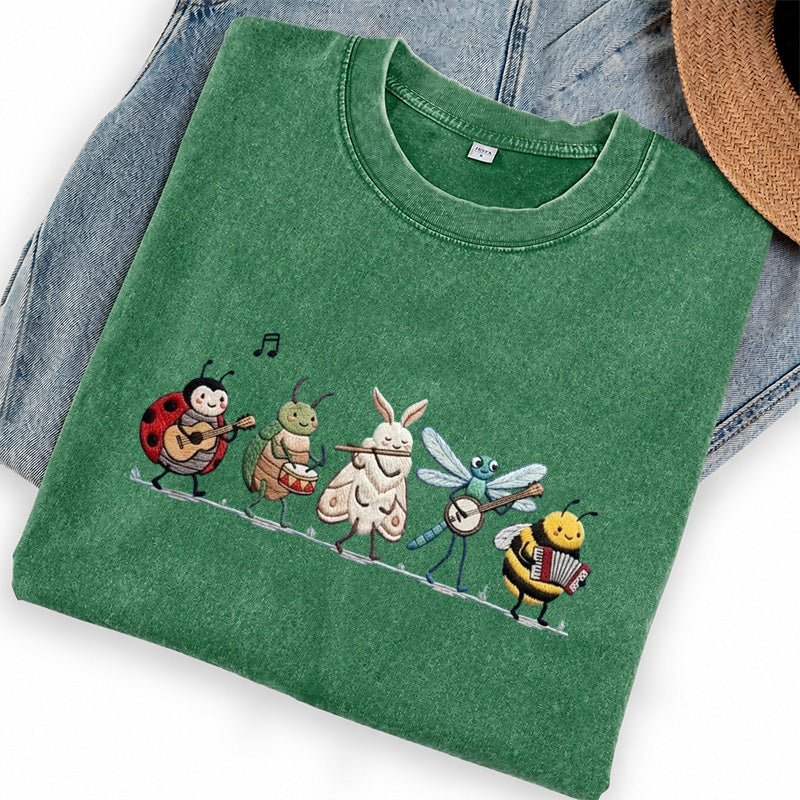 Embroidered Bug Orchestra Washed Crew Neck T-Shirt