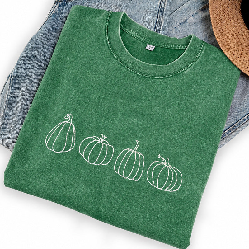 Embroidered Pumpkins Washed Crew Neck T-Shirt