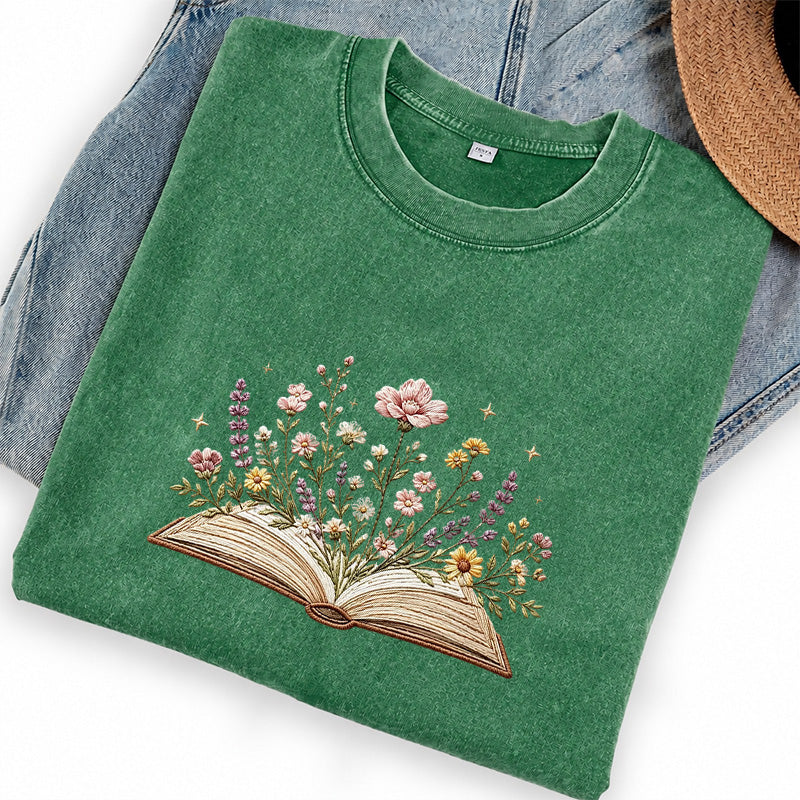 Embroidered Floral Book Washed Crew Neck T-Shirt