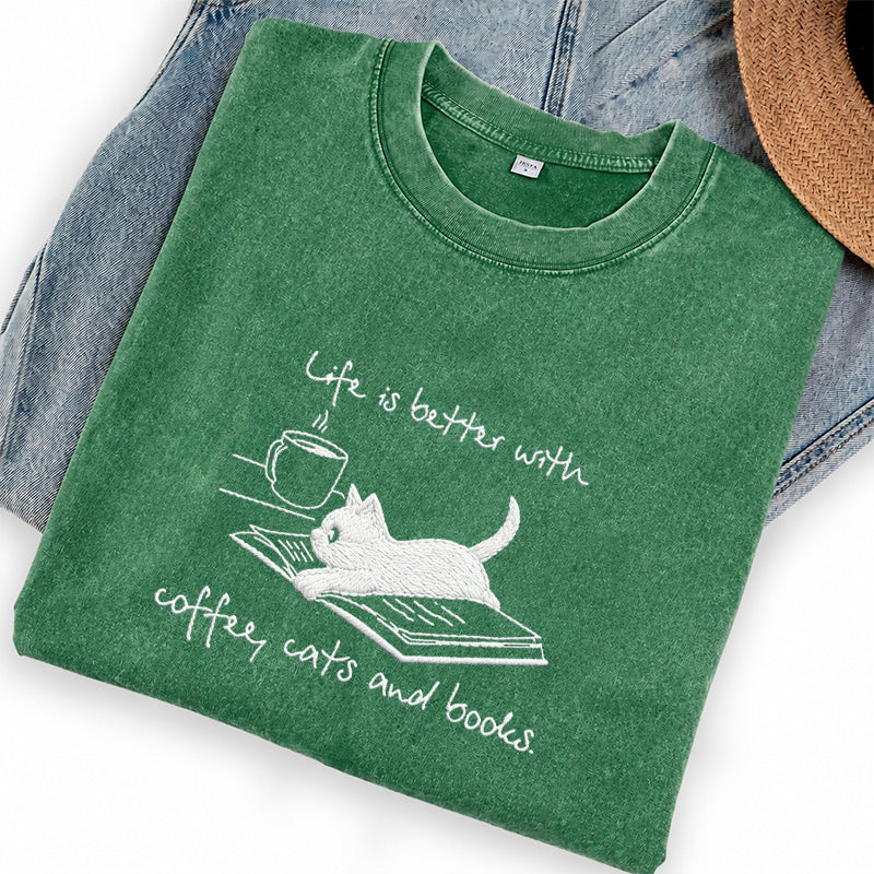Embroidered Coffee Cat and Books Washed Crew Neck T-Shirt