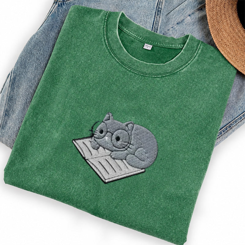 Embroidered Cat On Book Washed Crew Neck T-Shirt