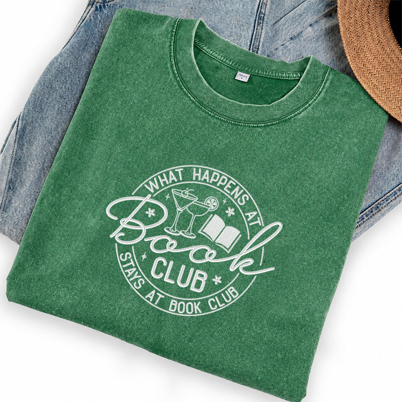 Embroidered Funny Book Club Washed Crew Neck T-Shirt