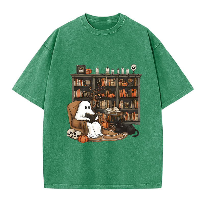 Retro Ghost Reading Washed Crew Neck T-Shirt