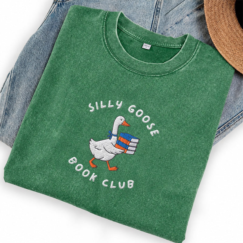 Embroidered Silly Goose Book Club Washed Crew Neck T-Shirt