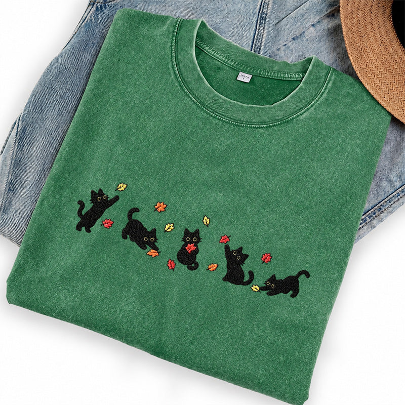 Embroidered Fall Leaves Black Cats Washed Crew Neck T-Shirt