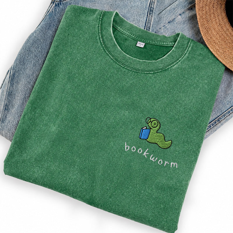 Embroidered Bookworm Washed Crew Neck T-Shirt