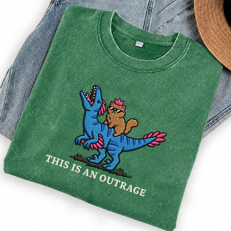 Embroidered This Is An Outrage Book Lover Washed Crew Neck T-Shirt