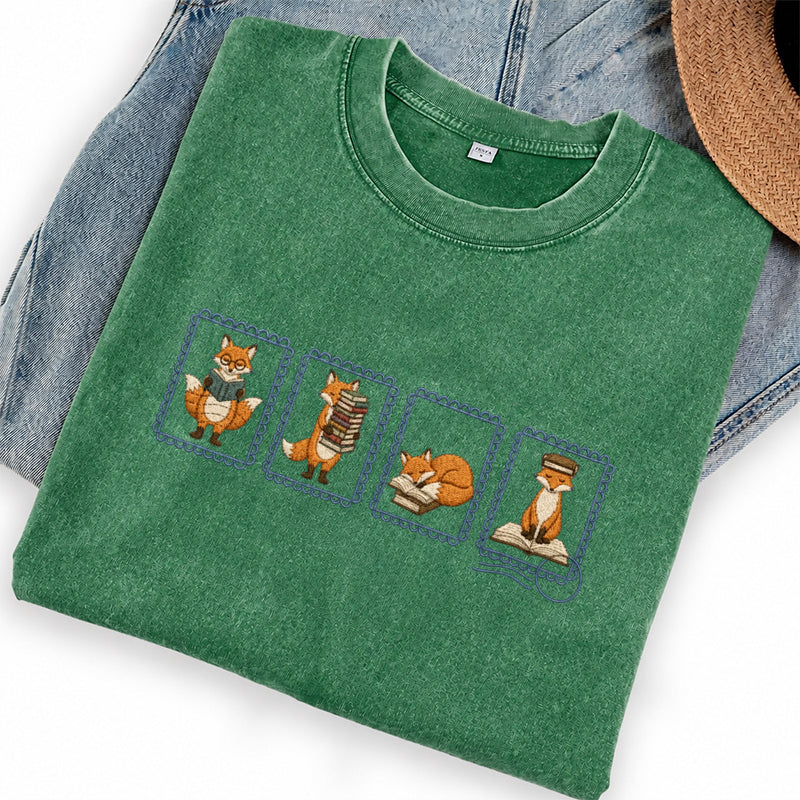 Embroidered Fox Reading Washed Crew Neck T-Shirt