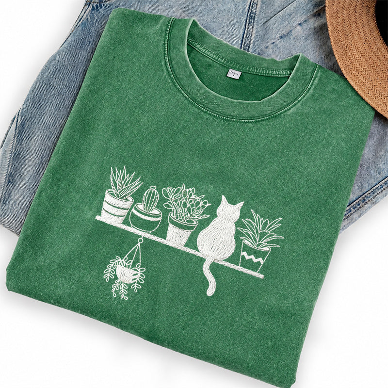 Embroidered Cats And Plants Washed Crew Neck T-Shirt