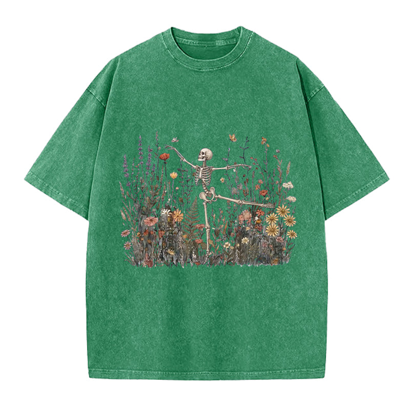 Dancing Skeleton In The Garden Washed Crew Neck T-Shirt