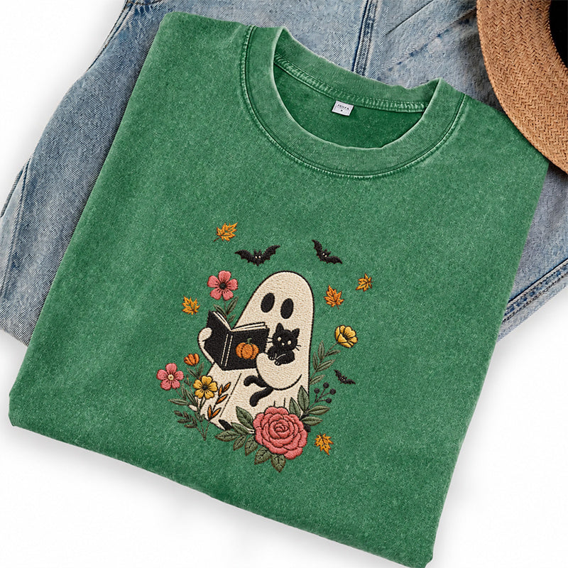Embroidered Floral Ghost Reading Washed Crew Neck T-Shirt