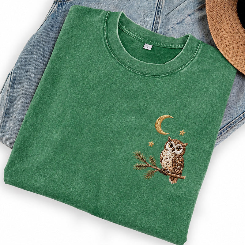 Embroidered Night Owl Washed Crew Neck T-Shirt