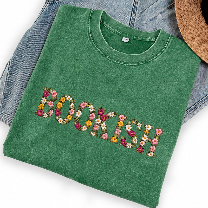Embroidered Floral Bookish Washed Crew Neck T-Shirt