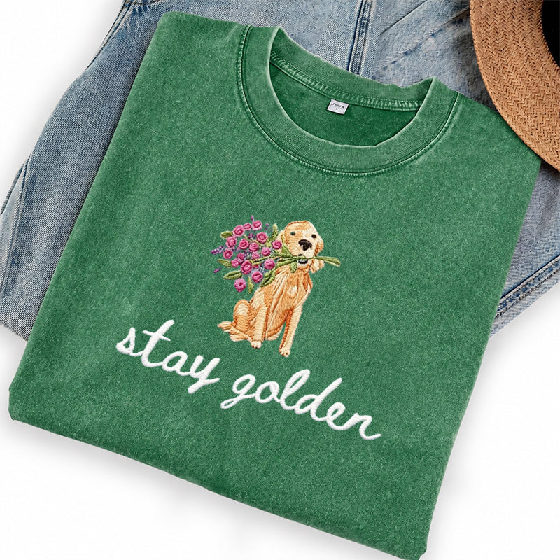 Embroidered Stay Golden Washed Crew Neck T-Shirt