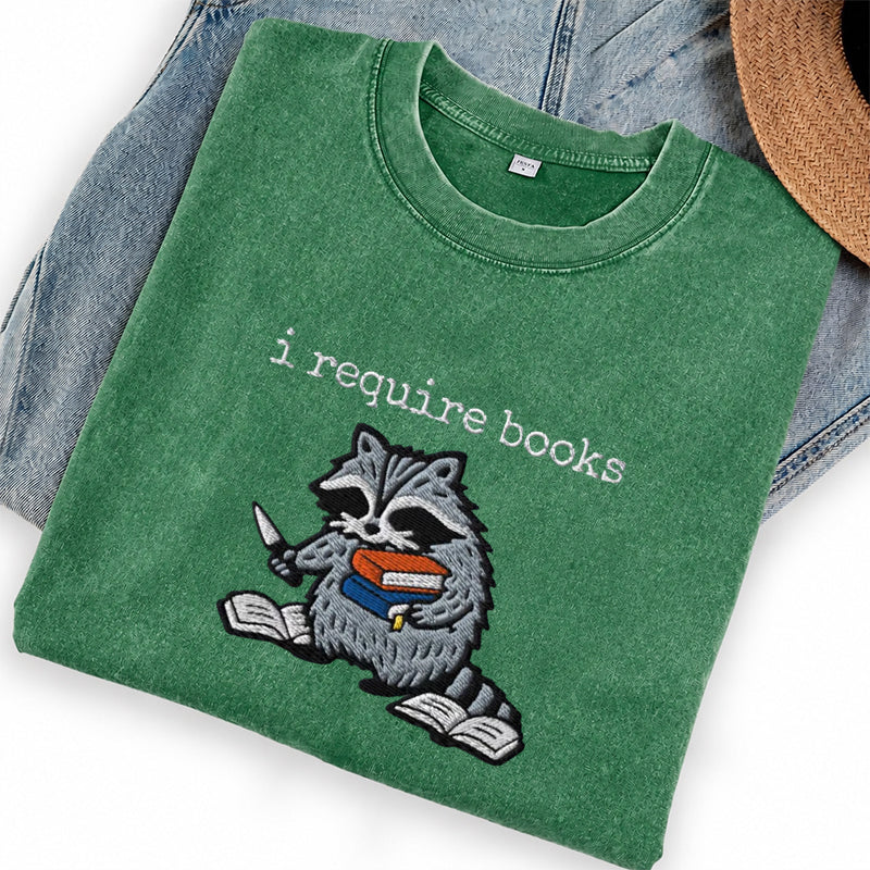 Embroidered I Require Books Washed Crew Neck T-Shirt